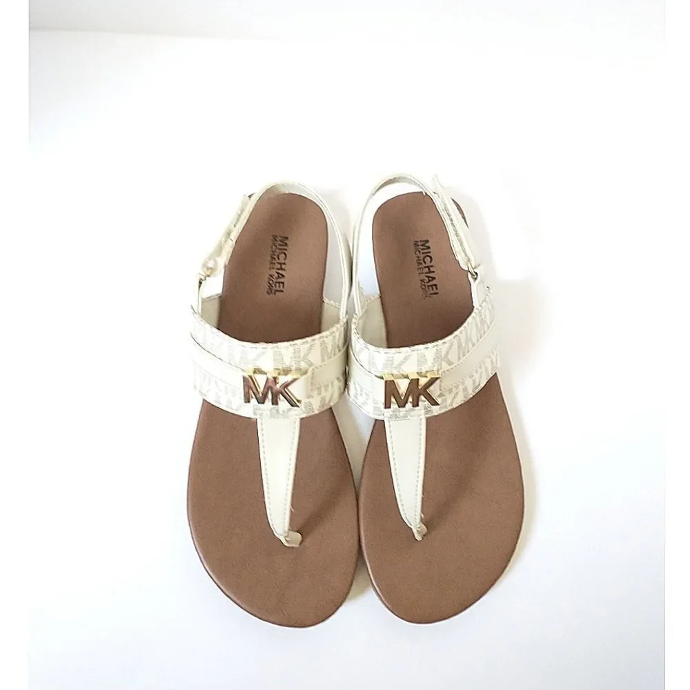 New! MICHAEL KORS Little Girls Jaliyah MK Logo T-Strap Sandals Shoe Vanilla NWOB